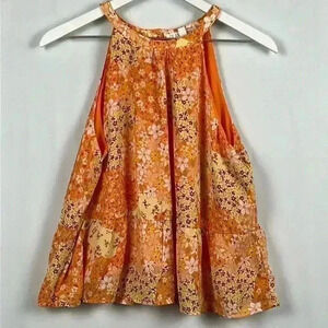 Planet Gold Halter Pink & Orange Floral Print Sleeveless Lined Peplum Hemline L